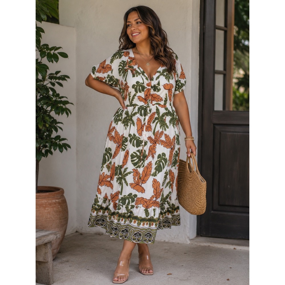 BloomChic Tropical Palm Leaf Midi Dress White Rust Green Plus Size 18-20 NEW - Picture 1 of 10